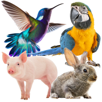 Conjunto de mascotas exóticas como conejo, cerdo, pelícano, etc.